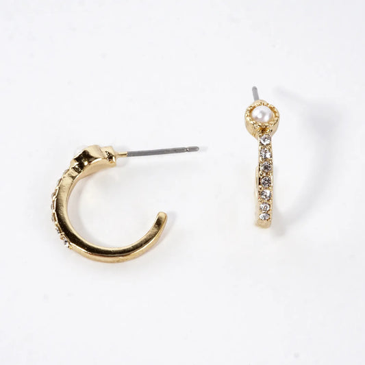 Tiny Crystal Pave Pearl Cabochon Hoop Earrings