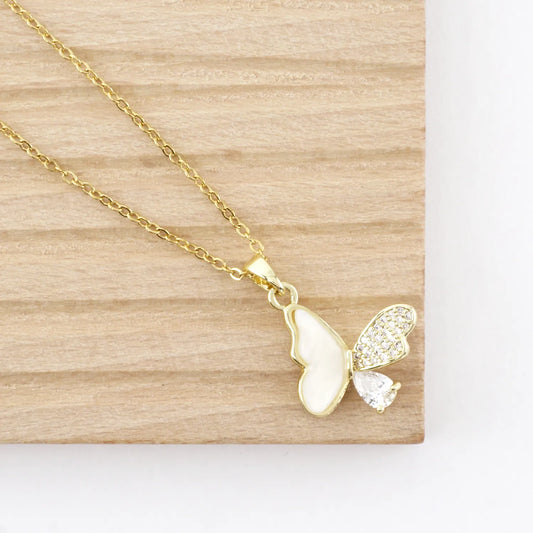 Tiny Multi Texture Butterfly Pave Pendant Necklace