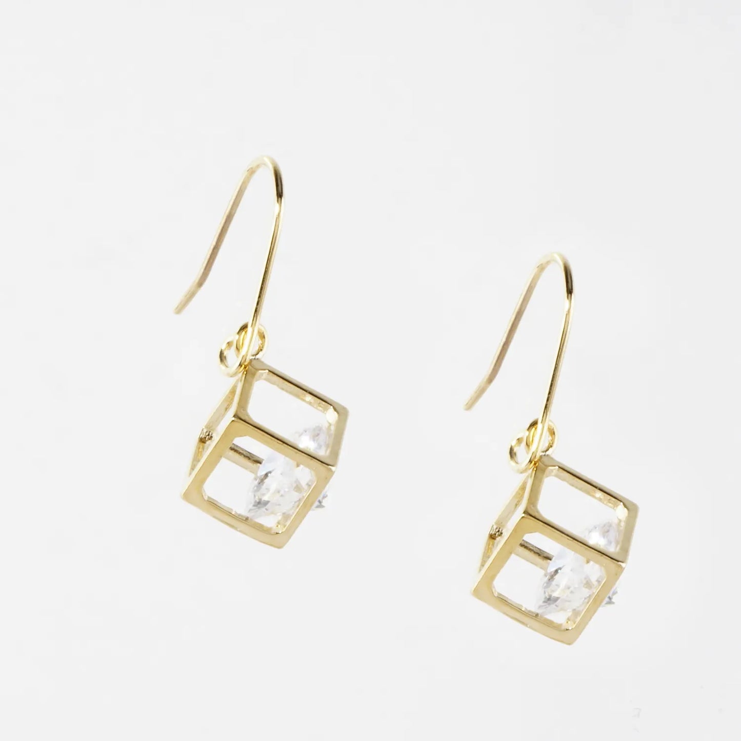 Trapped CZ In 3D Box Brass Drop Earrings