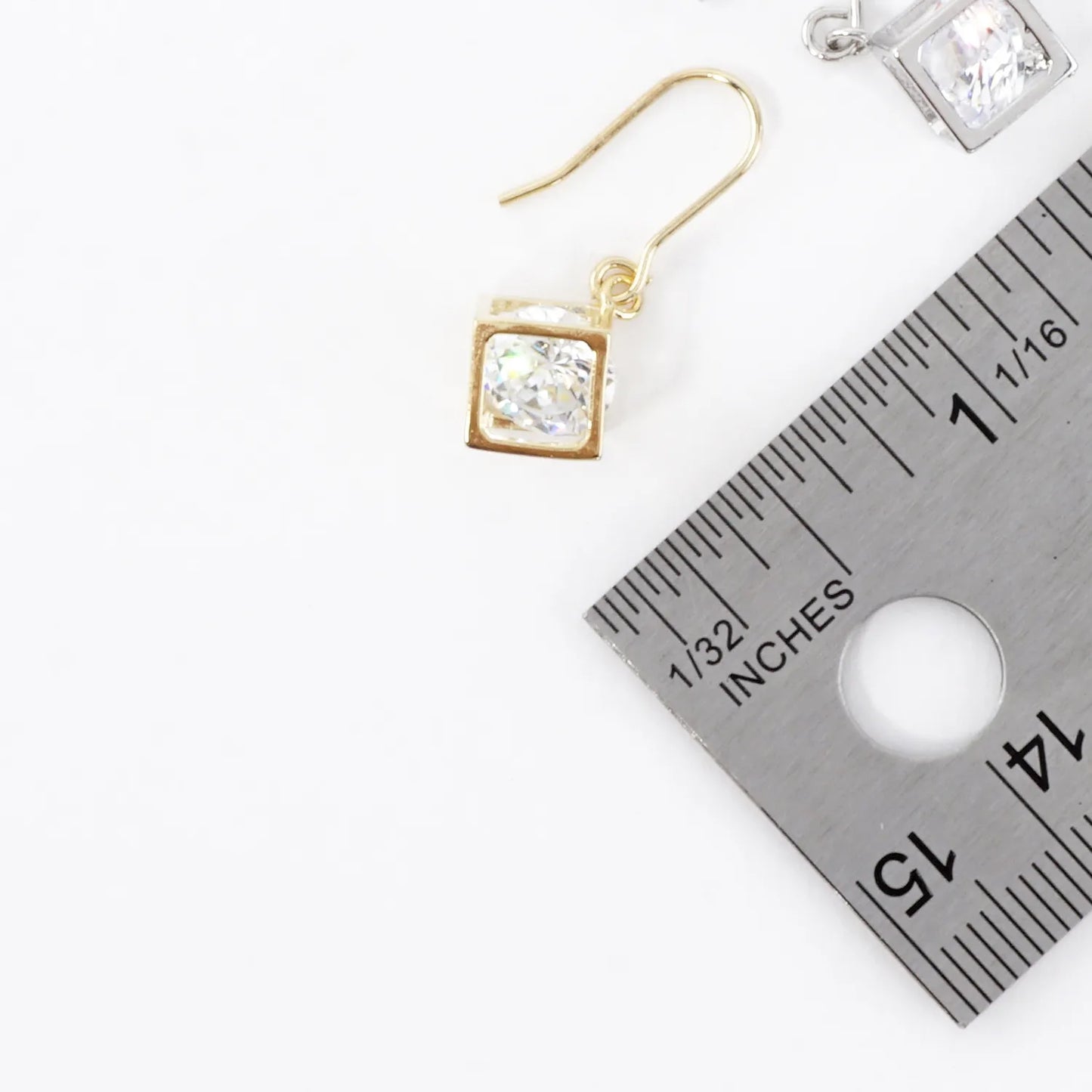 Trapped CZ In 3D Box Brass Drop Earrings