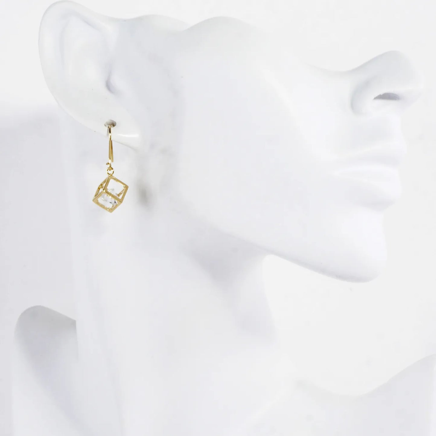 Trapped CZ In 3D Box Brass Drop Earrings