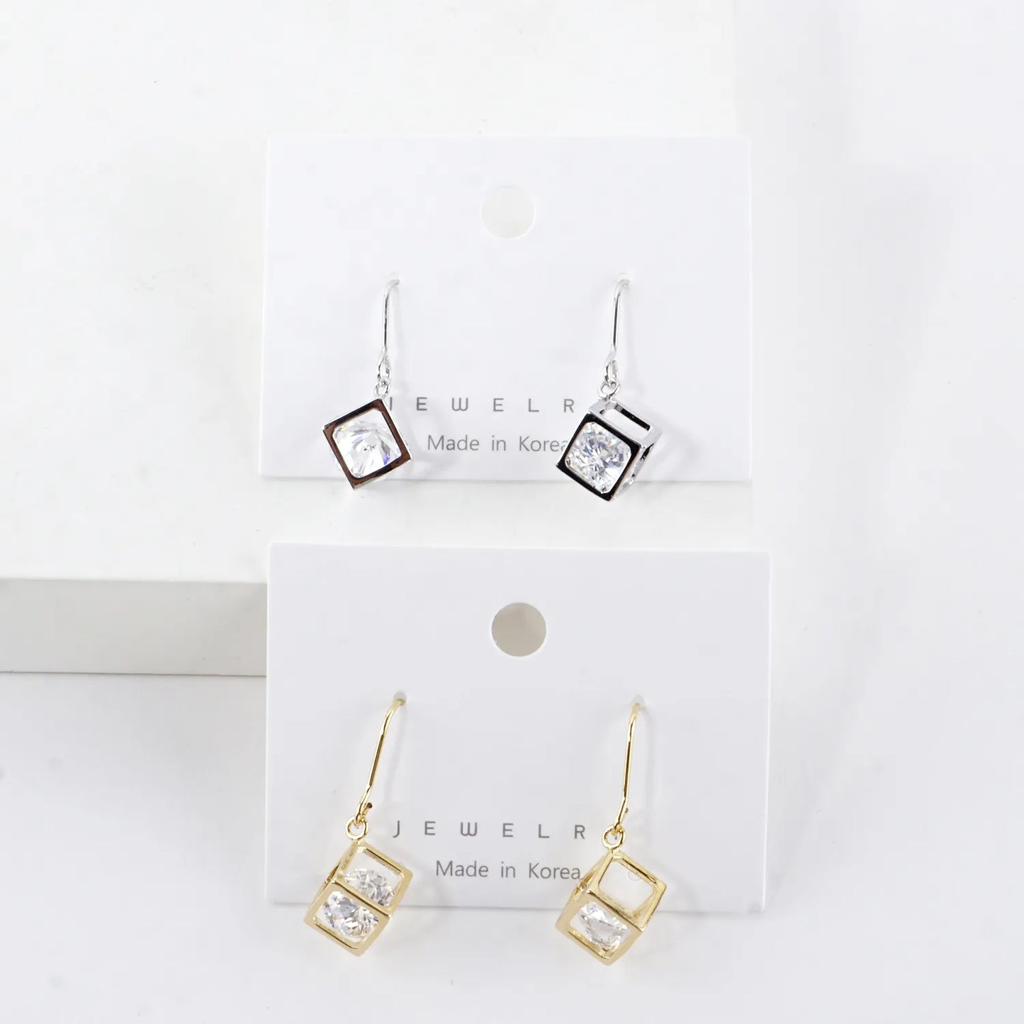 Trapped CZ In 3D Box Brass Drop Earrings