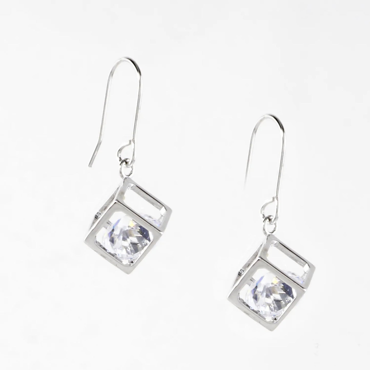 Trapped CZ In 3D Box Brass Drop Earrings