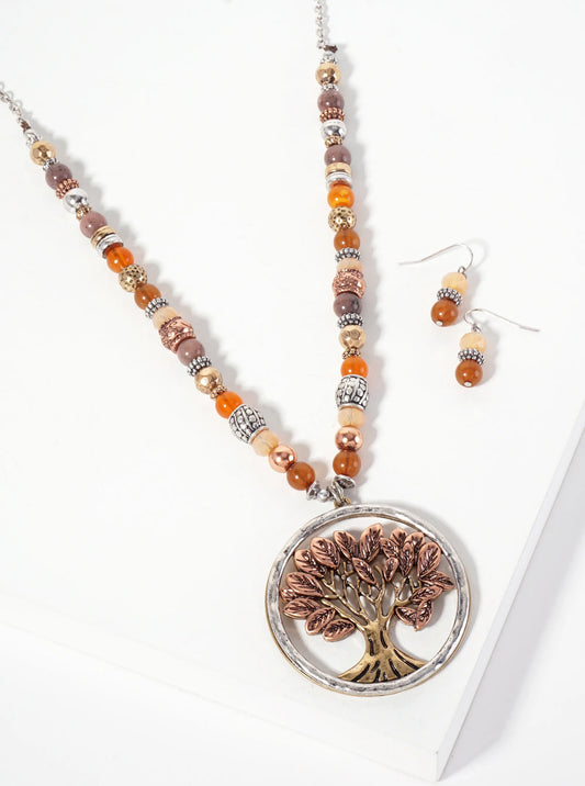 Tree-of-Life Inside Hammered-Texture Circle Pendant 30-inch Necklace Set-with-Earrings