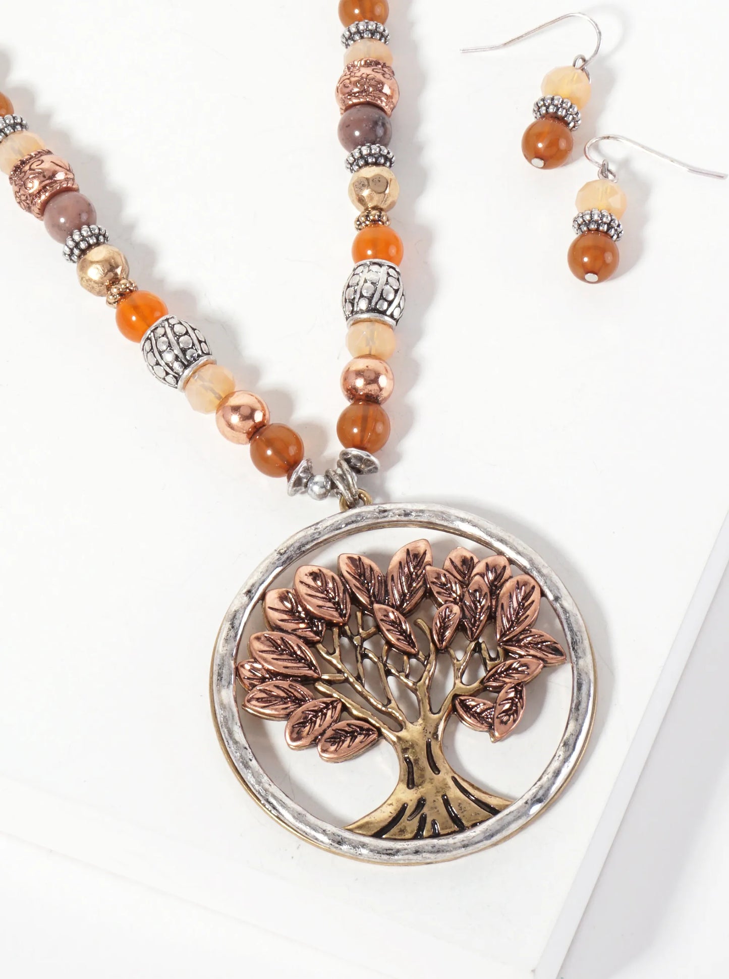 Tree-of-Life Inside Hammered-Texture Circle Pendant 30-inch Necklace Set-with-Earrings