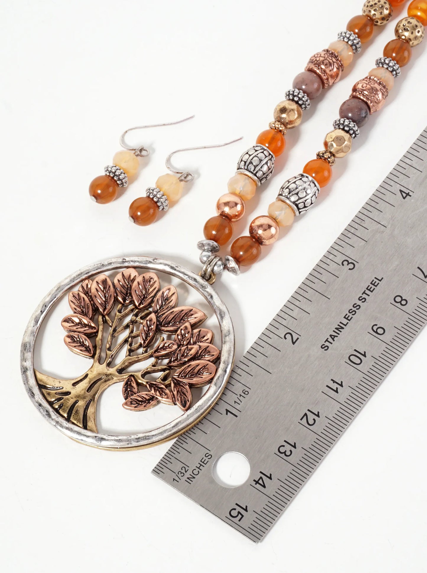 Tree-of-Life Inside Hammered-Texture Circle Pendant 30-inch Necklace Set-with-Earrings