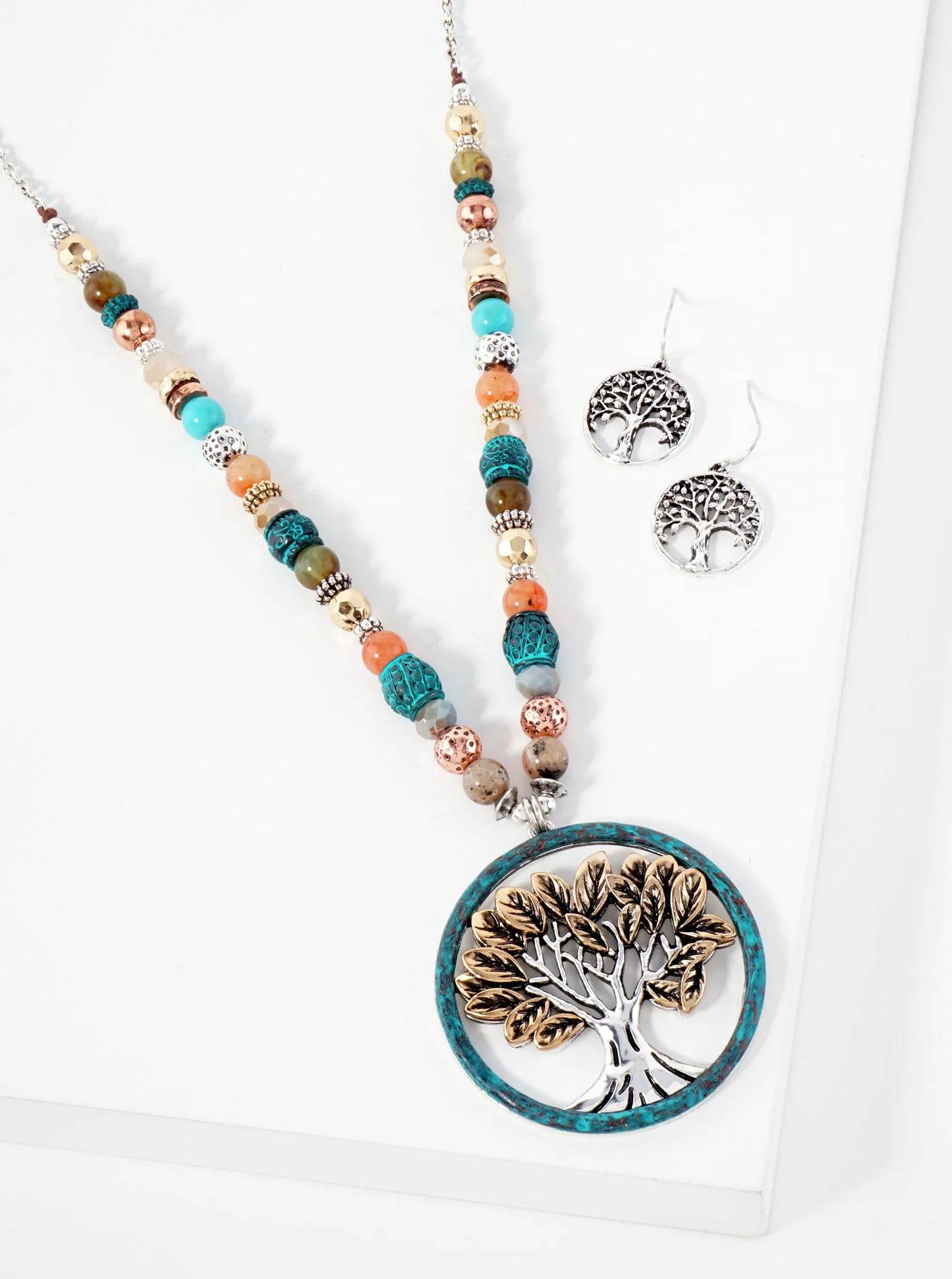 Tree-of-Life Inside Hammered-Texture Circle Pendant 30-inch Necklace Set-with-Earrings