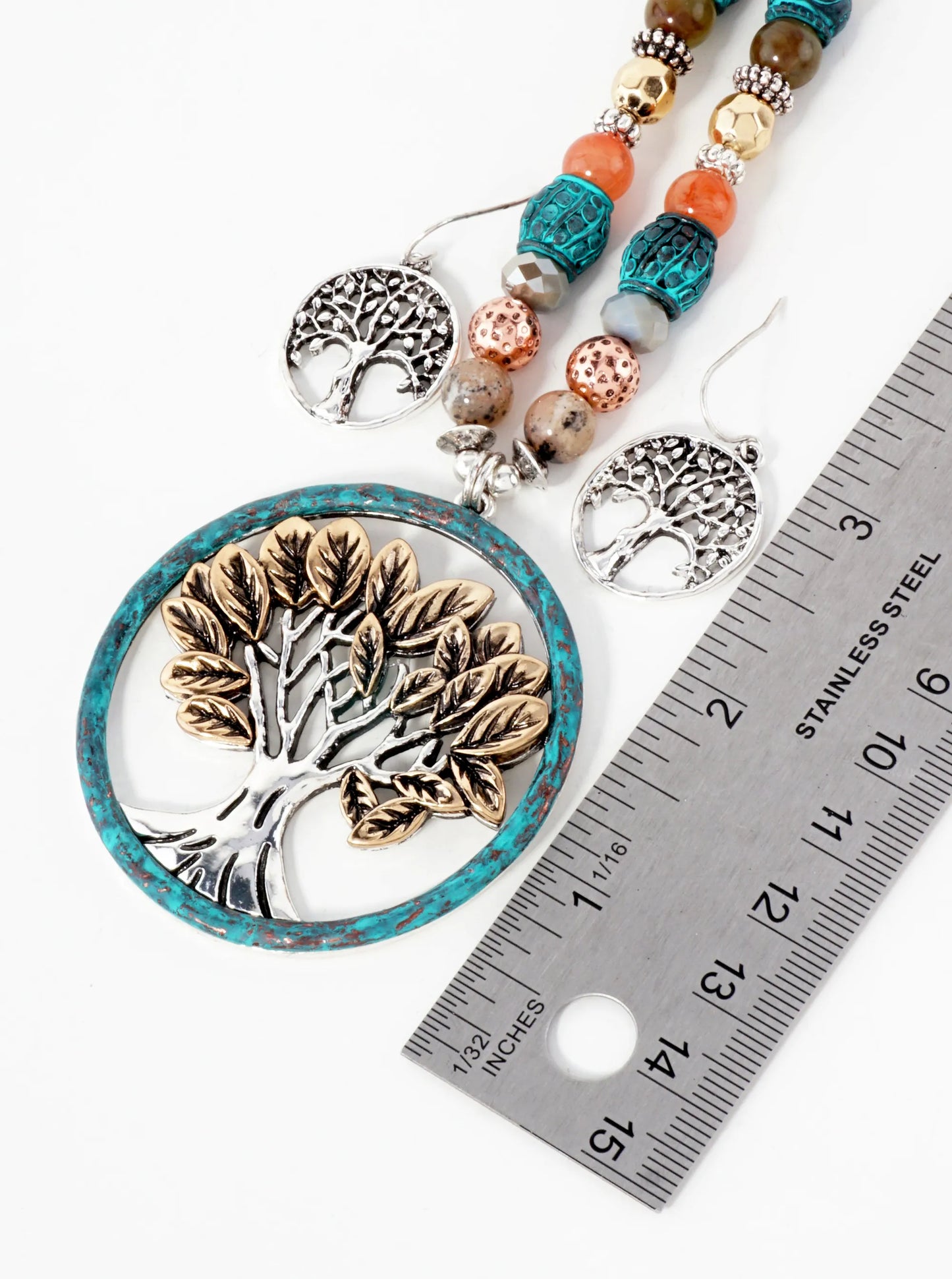 Tree-of-Life Inside Hammered-Texture Circle Pendant 30-inch Necklace Set-with-Earrings