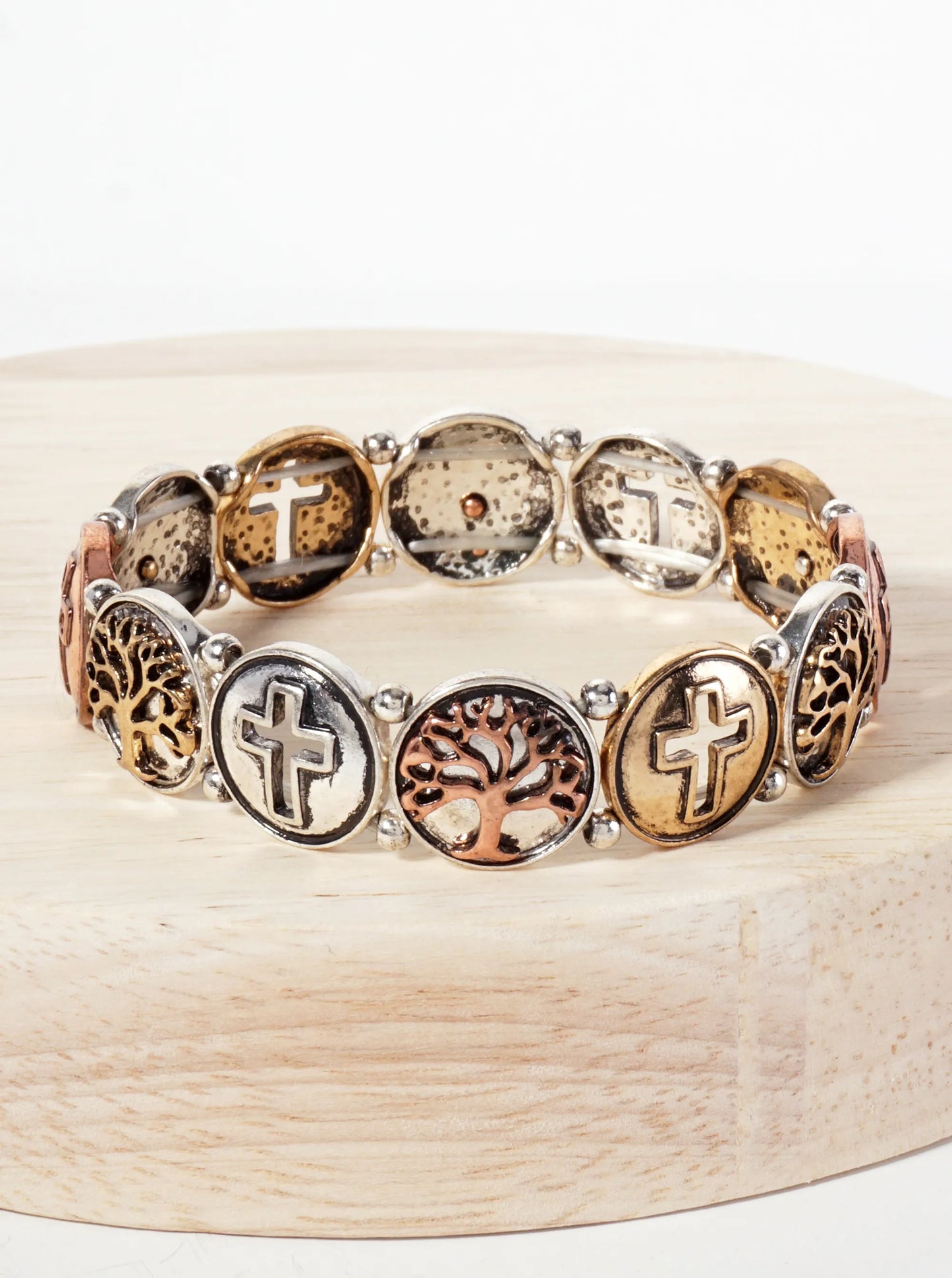 Tree-of-Life And Cross Inside Circle Stretch Bracelet