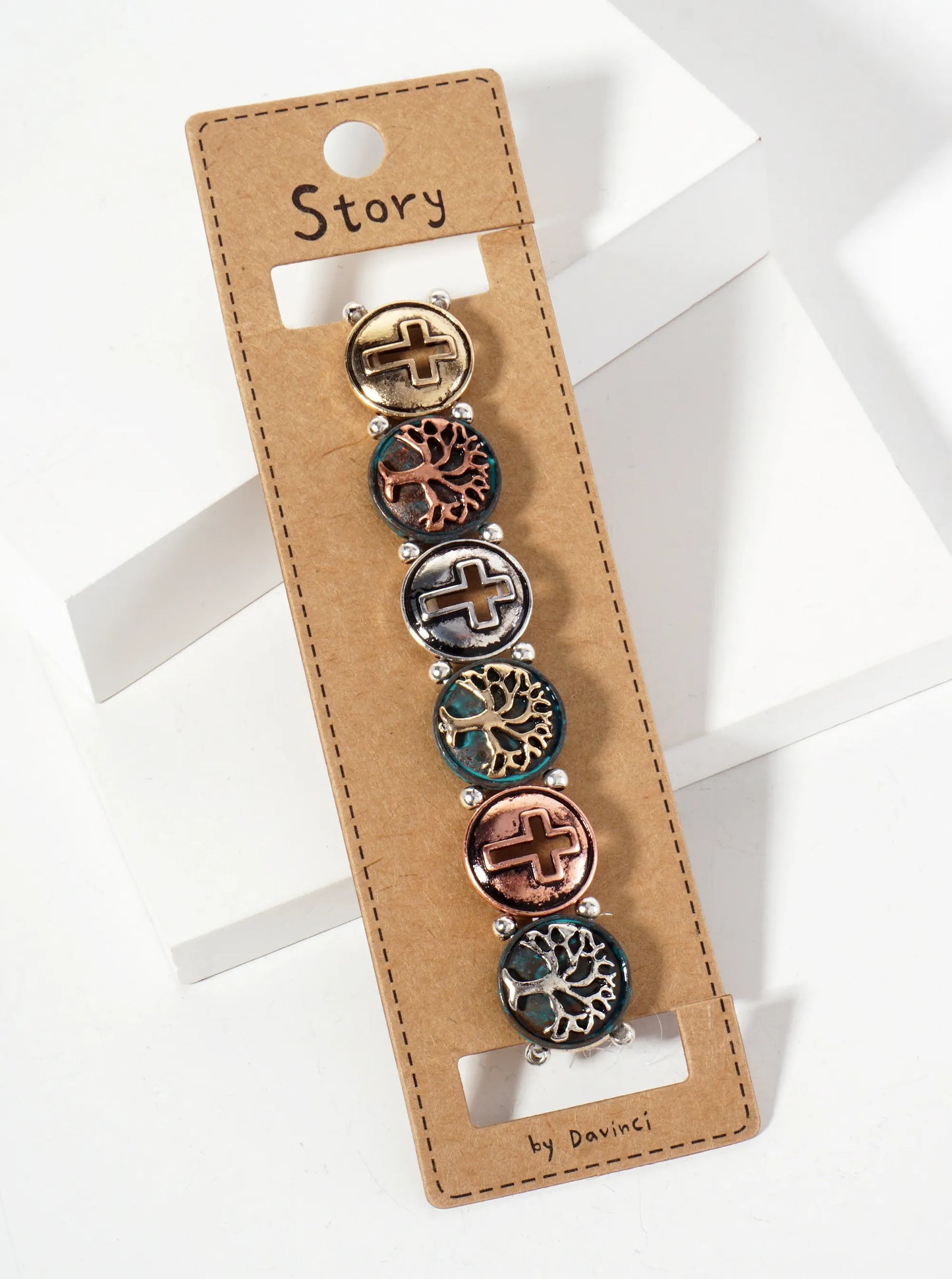 Tree-of-Life And Cross Inside Circle Stretch Bracelet