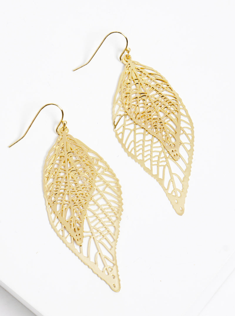 Tree Of Life Double Filigree Leaves Brass Dangle Drop Earrings