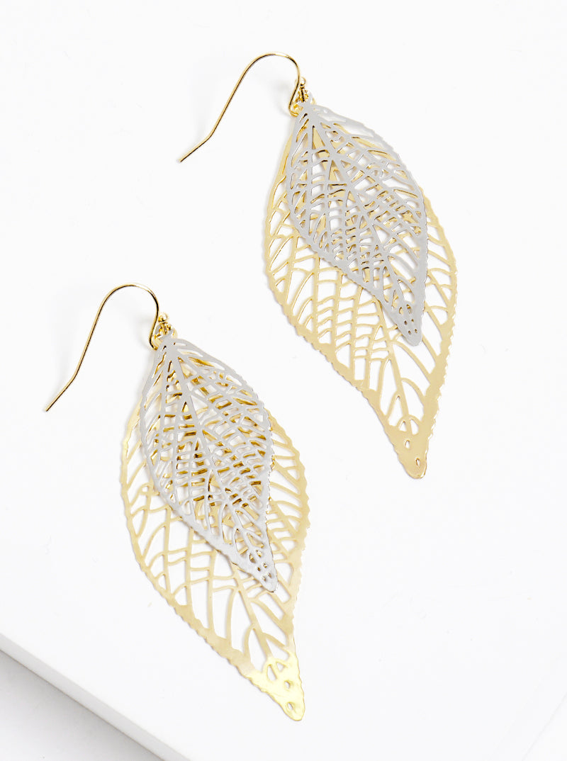 Tree Of Life Double Filigree Leaves Brass Dangle Drop Earrings