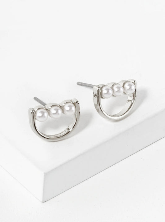 Triple 2mm Pearl Beaded Half Circle Geometric Stud Earrings