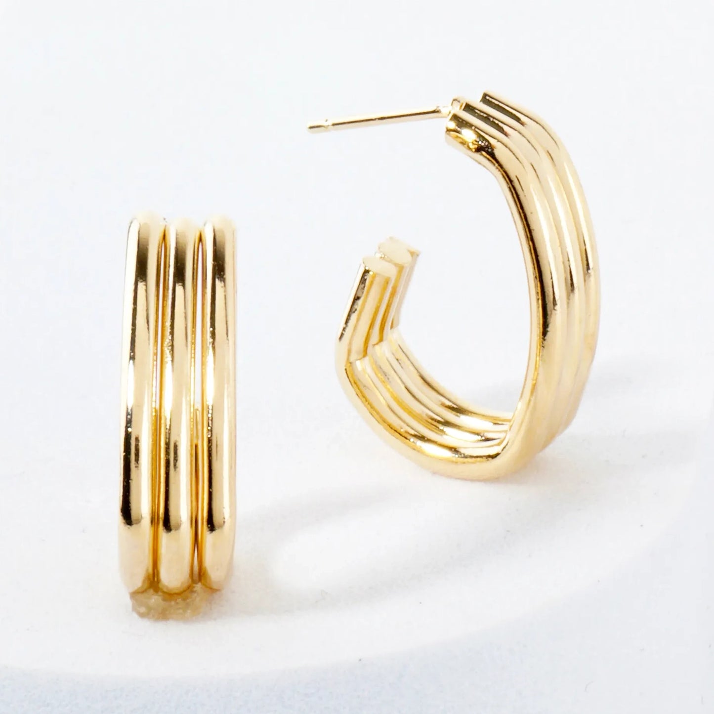 Triple-Band Silhouette Teardrop Shaped 20mm 14K-Gold-Dipped Brass Push-Back Hoop Earrings