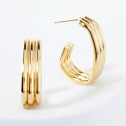Triple-Band Silhouette Teardrop Shaped 20mm 14K-Gold-Dipped Brass Push-Back Hoop Earrings