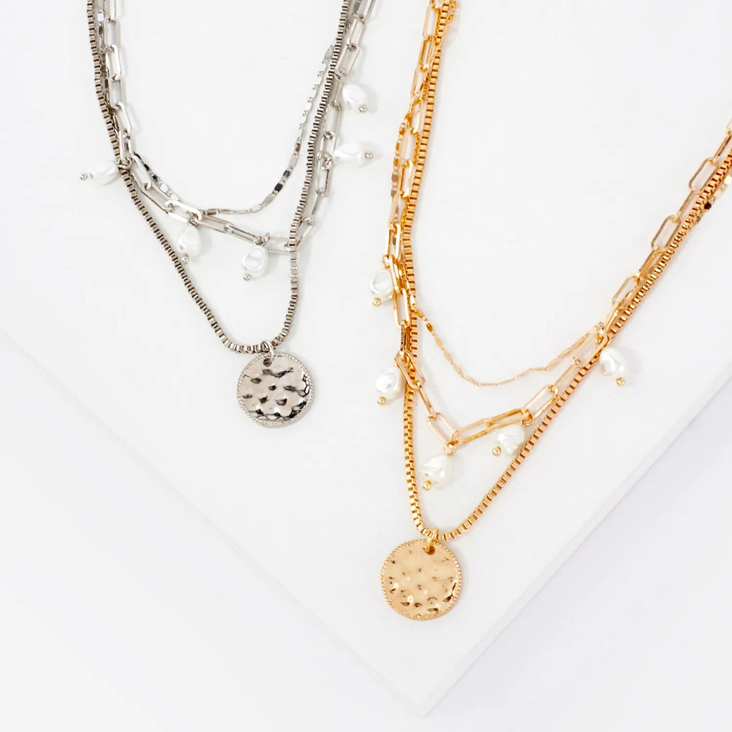Triple Layer Hammered Disc Pendant Necklace