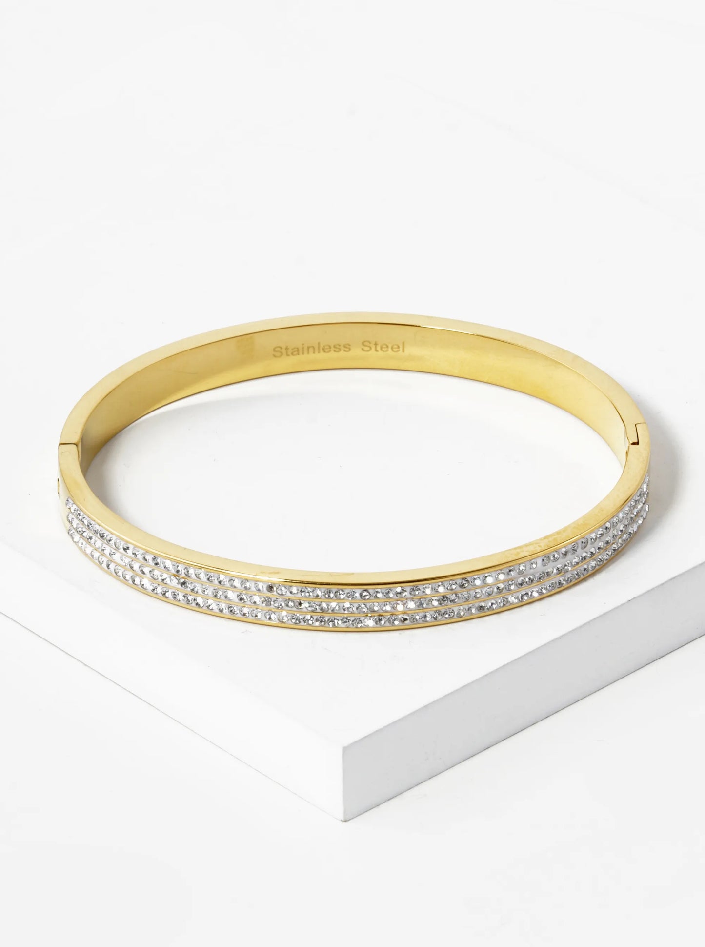 Triple Row Pave Set Rhinestone 6mm Thick Stainless Steel Open Bangle Bracelet