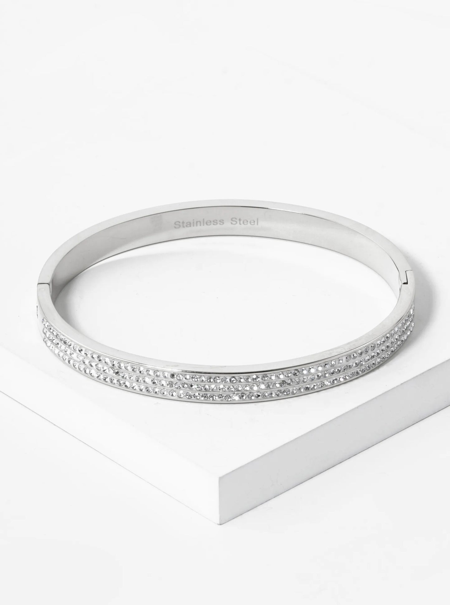 Triple Row Pave Set Rhinestone 6mm Thick Stainless Steel Open Bangle Bracelet