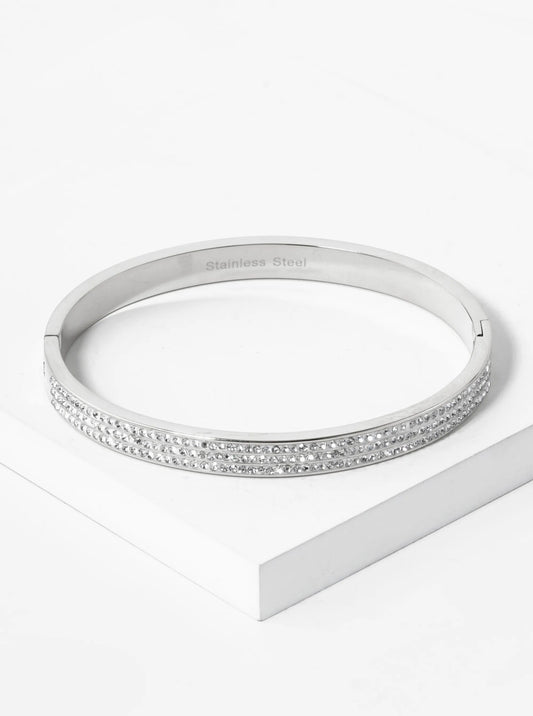 Triple Row Pave Set Rhinestone 6mm Thick Stainless Steel Open Bangle Bracelet