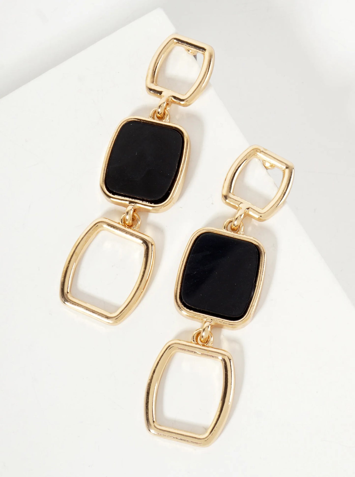 Triple Square Link Dangle Drop Earrings With Glitter Filled Center
