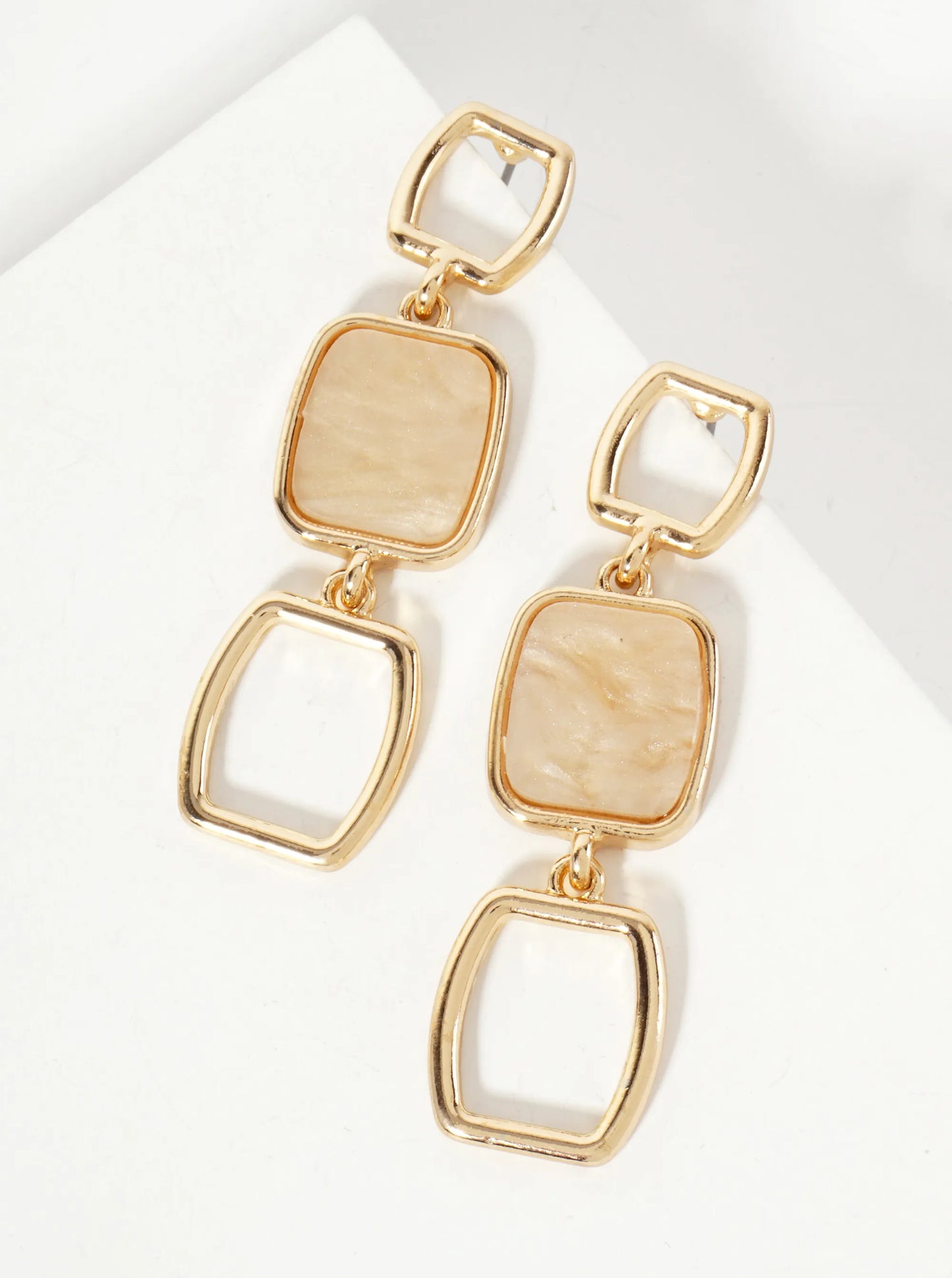 Triple Square Link Dangle Drop Earrings With Glitter Filled Center