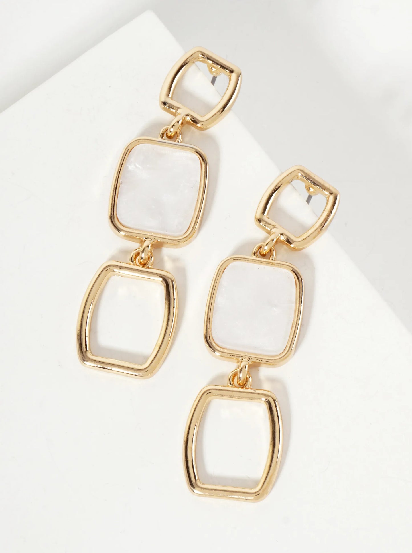Triple Square Link Dangle Drop Earrings With Glitter Filled Center