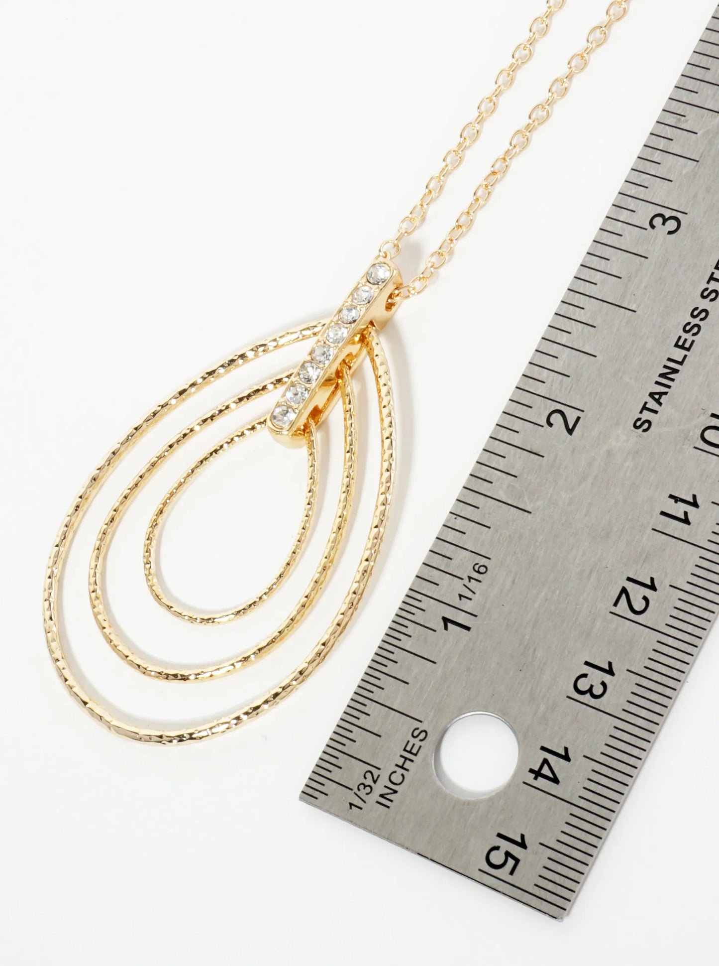 Triple Textured Teardrop Pendant 32 Inch Long Necklace