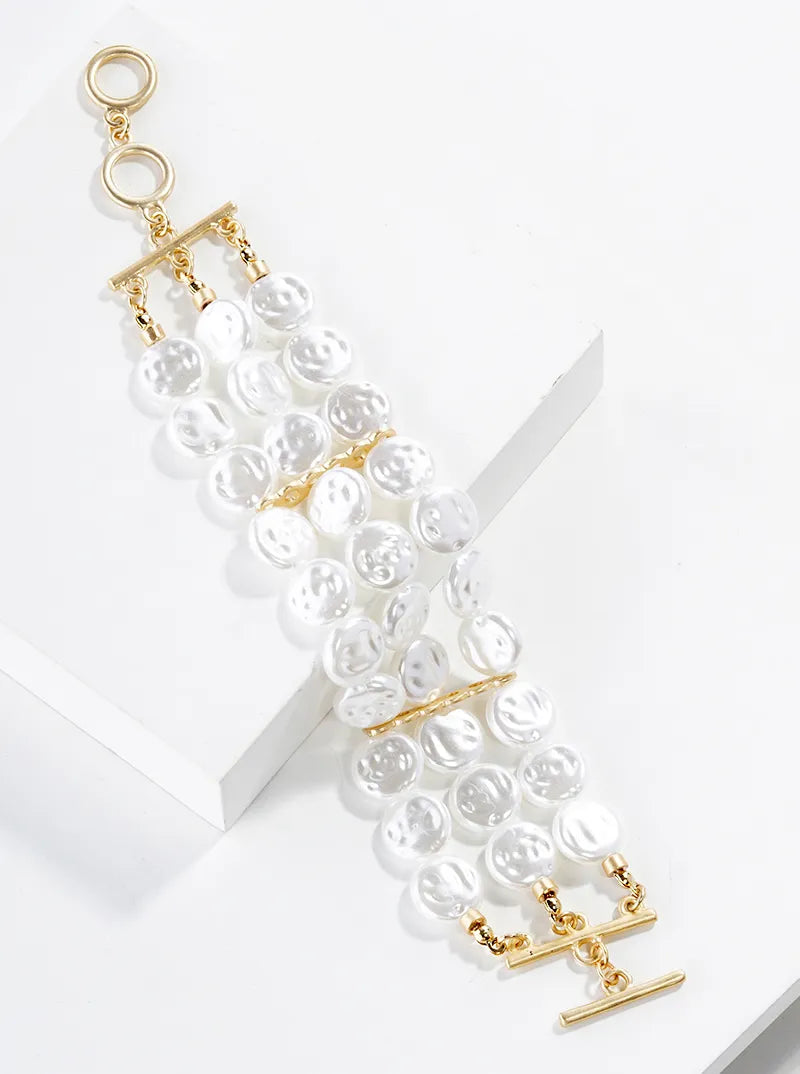 Triple-strand Pearl Bead Toggle Closure Bracelet