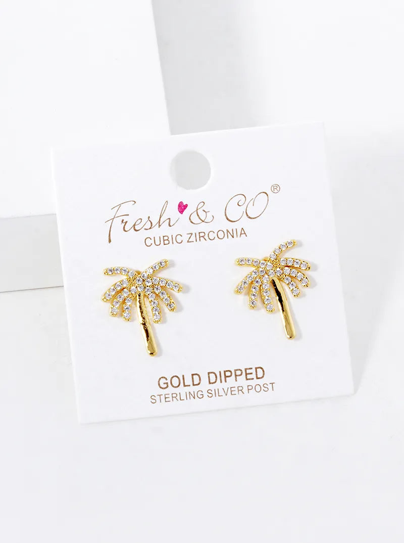 Tropical-Theme 18K-Gold-Dipped CZ-Pave Palm-Tree Stud Earrings