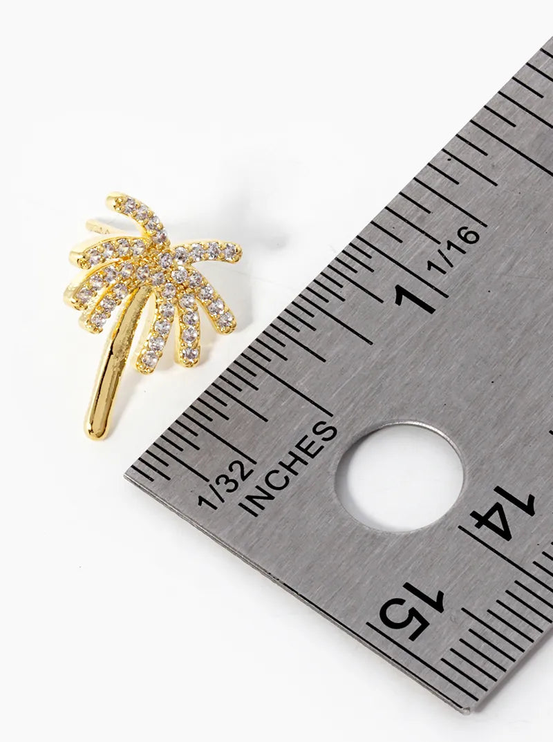 Tropical-Theme 18K-Gold-Dipped CZ-Pave Palm-Tree Stud Earrings