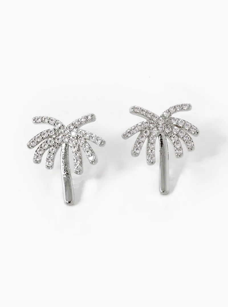 Tropical-Theme 18K-Gold-Dipped CZ-Pave Palm-Tree Stud Earrings