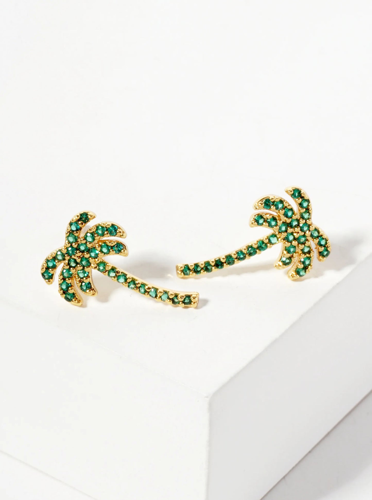 Tropical-Theme 18K-Gold-Dipped Pave Set Cubic-Zirconia Palm Tree Stud Earrings