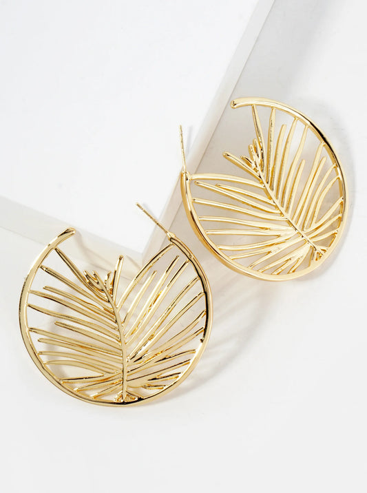 Tropical-Theme 45mm Polished Brass Leaf Design Hoop Earrings