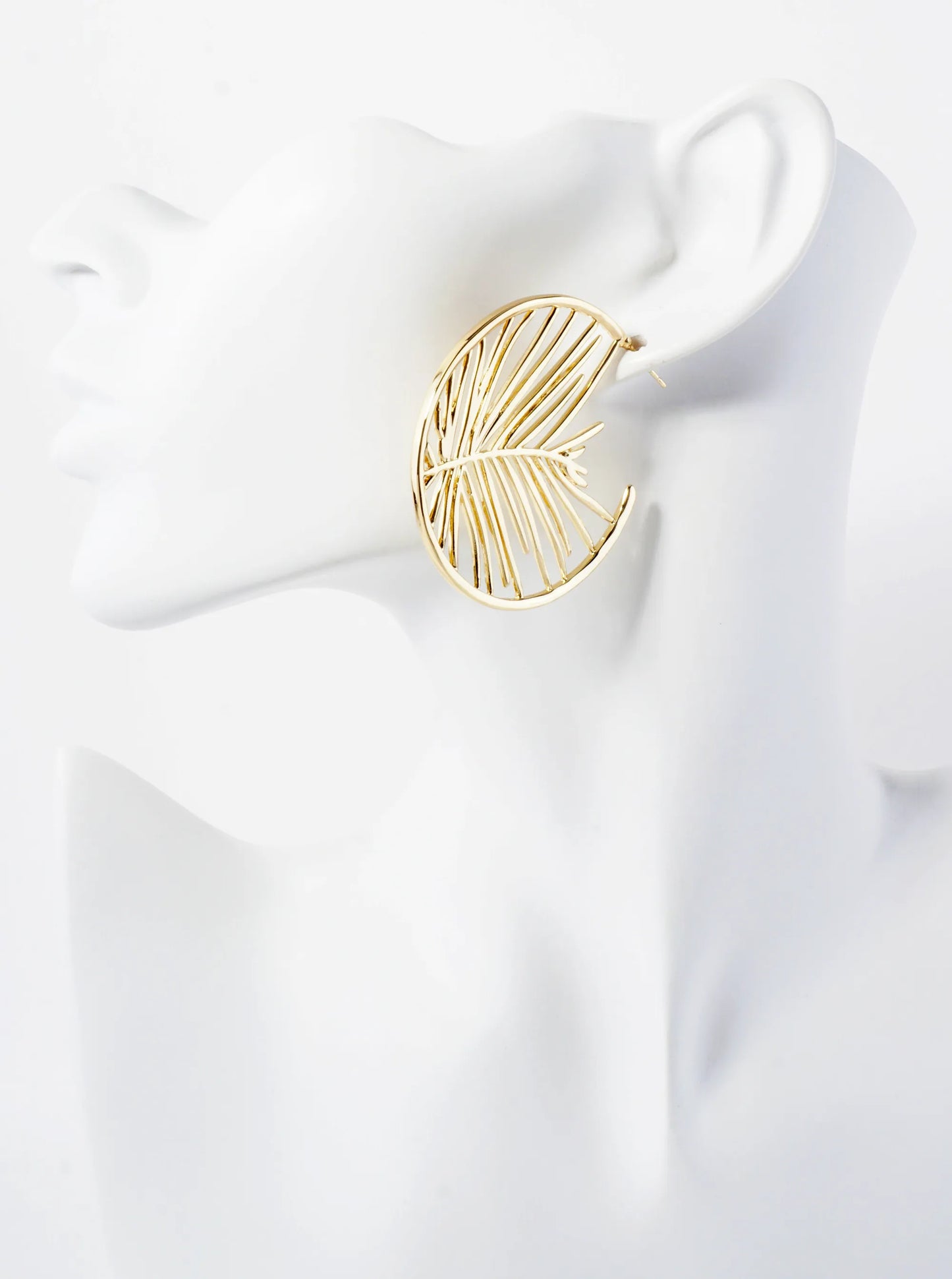 Tropical-Theme 45mm Polished Brass Leaf Design Hoop Earrings