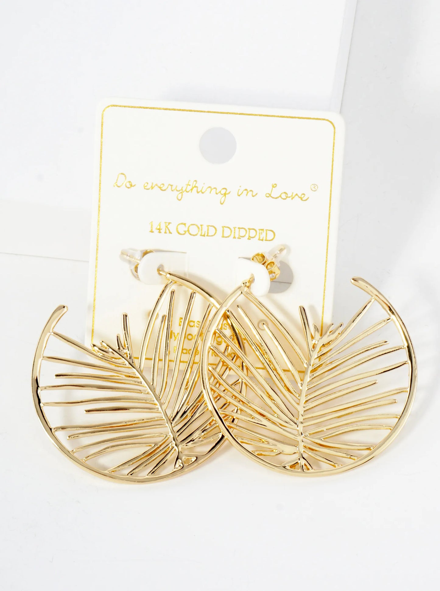 Tropical-Theme 45mm Polished Brass Leaf Design Hoop Earrings