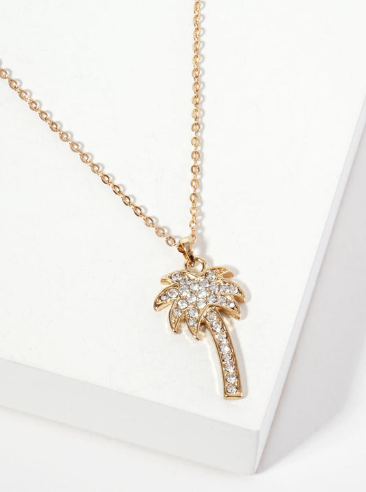 Tropical-Theme Crystal-Pave 1-inch Palm-Tree Pendant Necklace