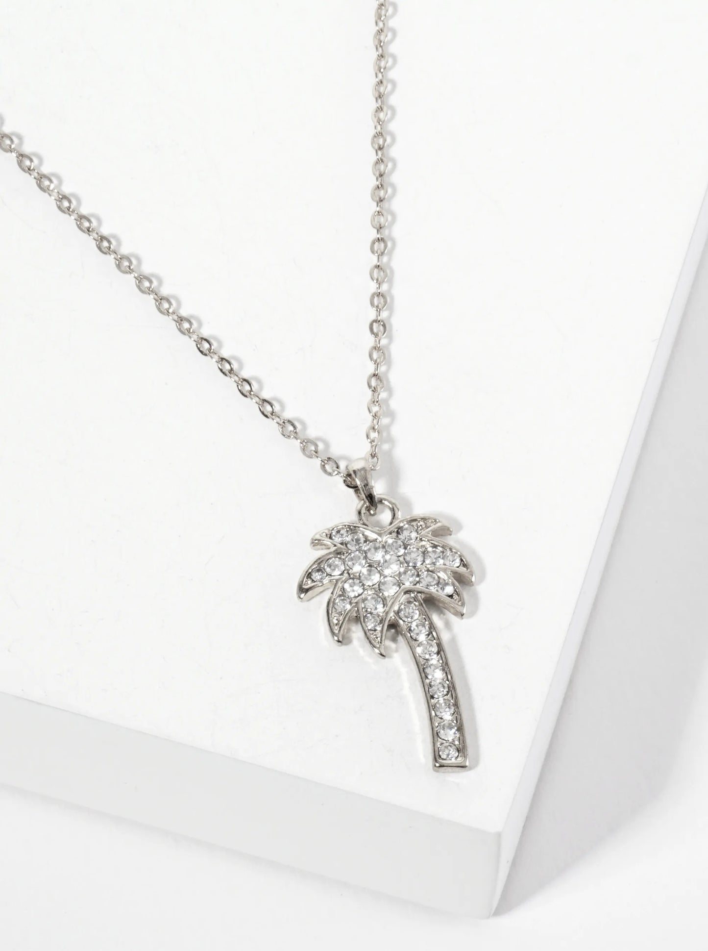 Tropical-Theme Crystal-Pave 1-inch Palm-Tree Pendant Necklace