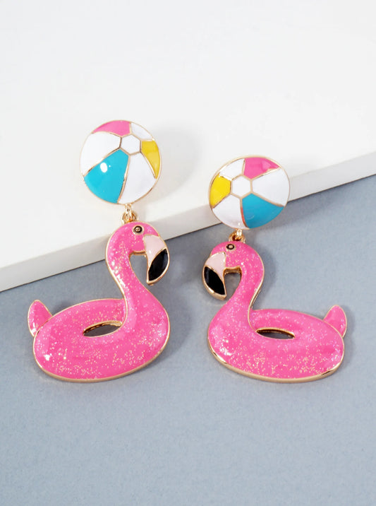 Tropical-Theme Enamel Flamingo Drop Dangle Earrings
