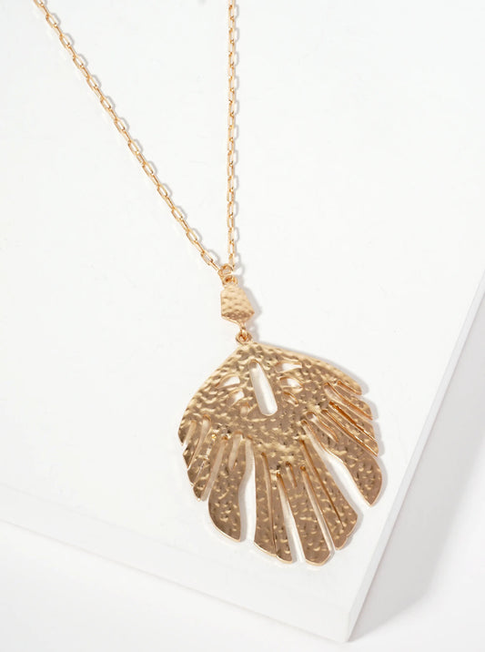 Tropical-Theme Hammered-Texture Leaf Pendant 30-inch Long Necklace