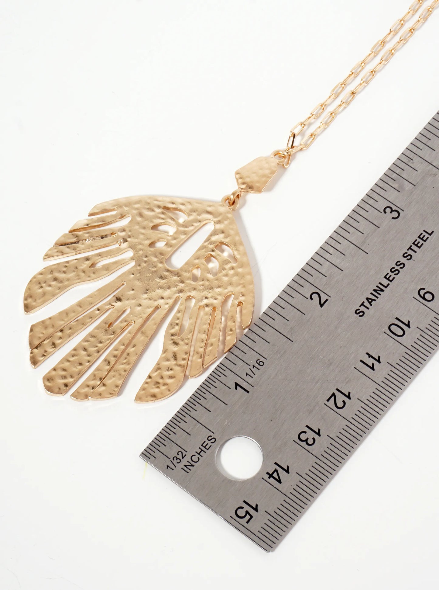 Tropical-Theme Hammered-Texture Leaf Pendant 30-inch Long Necklace