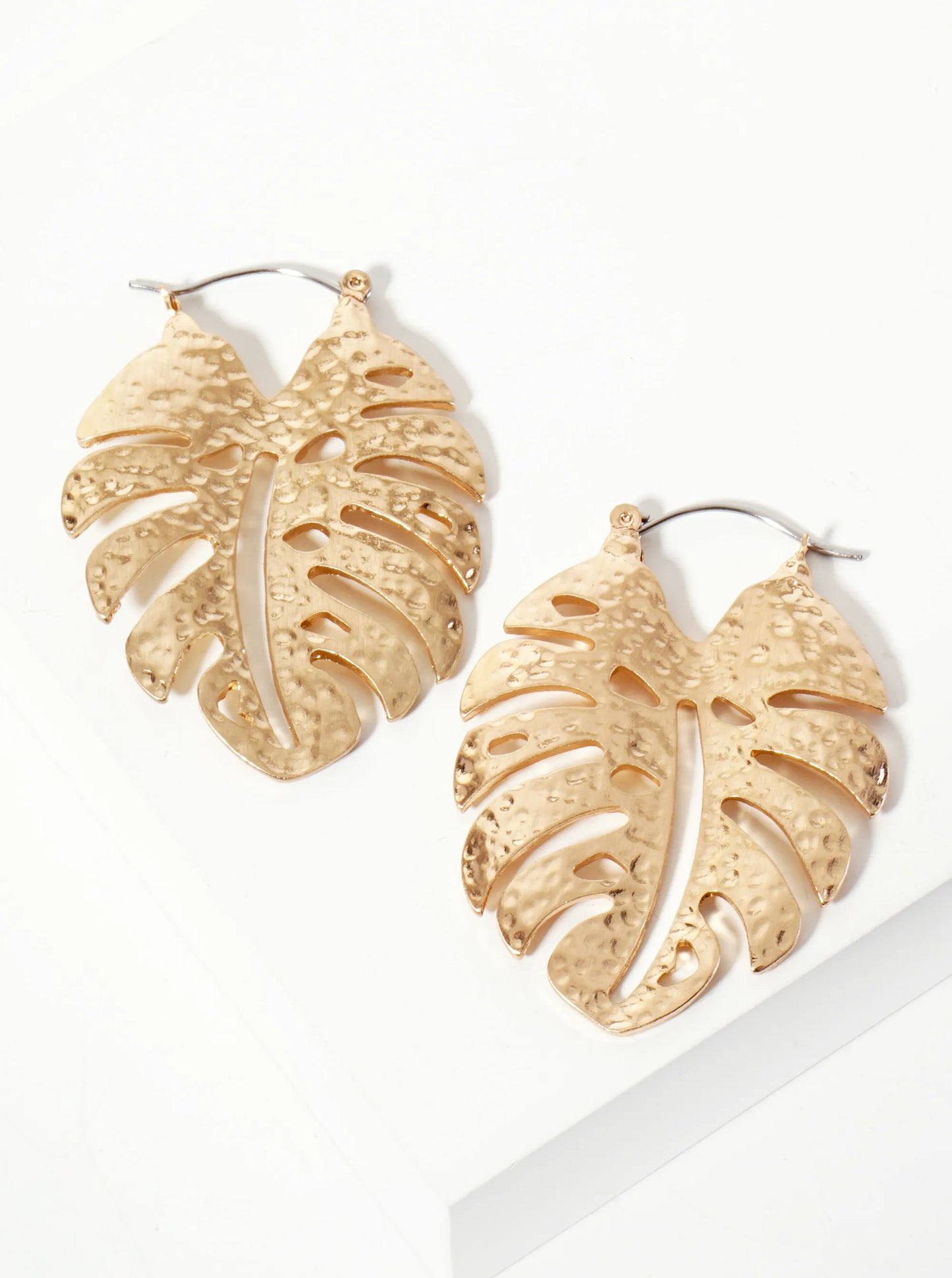 Tropical-Theme Hammered-Texture Monstera Leaf Earrings
