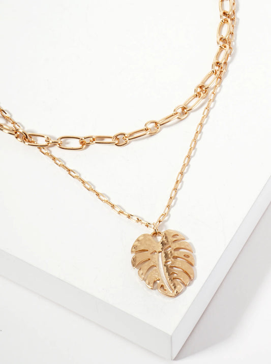 Tropical-Theme Hammered-Texture Monstera Leaf Pendant Layered Necklace