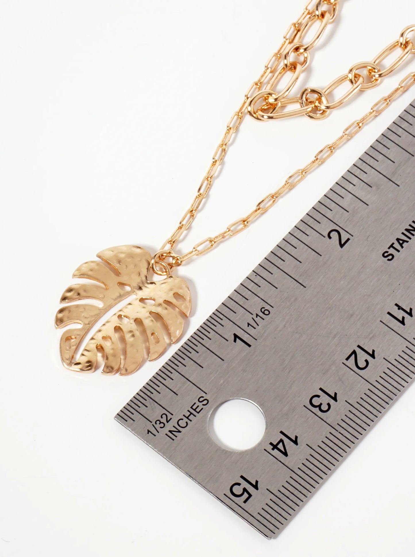 Tropical-Theme Hammered-Texture Monstera Leaf Pendant Layered Necklace