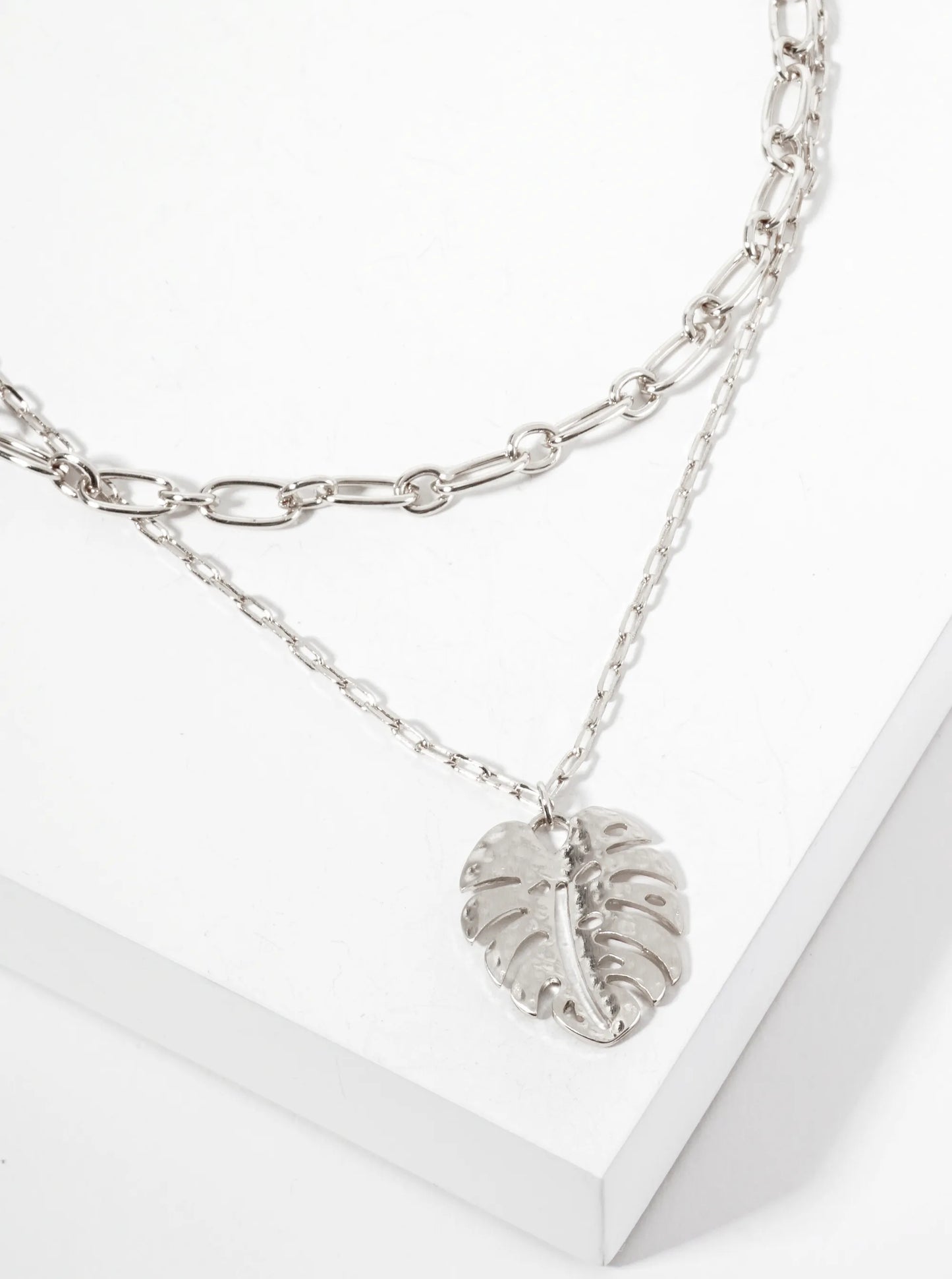 Tropical-Theme Hammered-Texture Monstera Leaf Pendant Layered Necklace