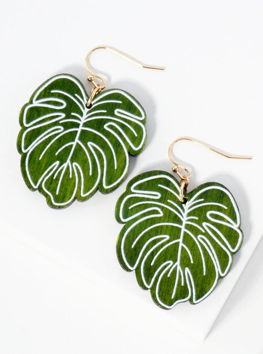 Tropical-Theme Laser-Cut Wood Monstera Leaf Dangle Drop Earrings