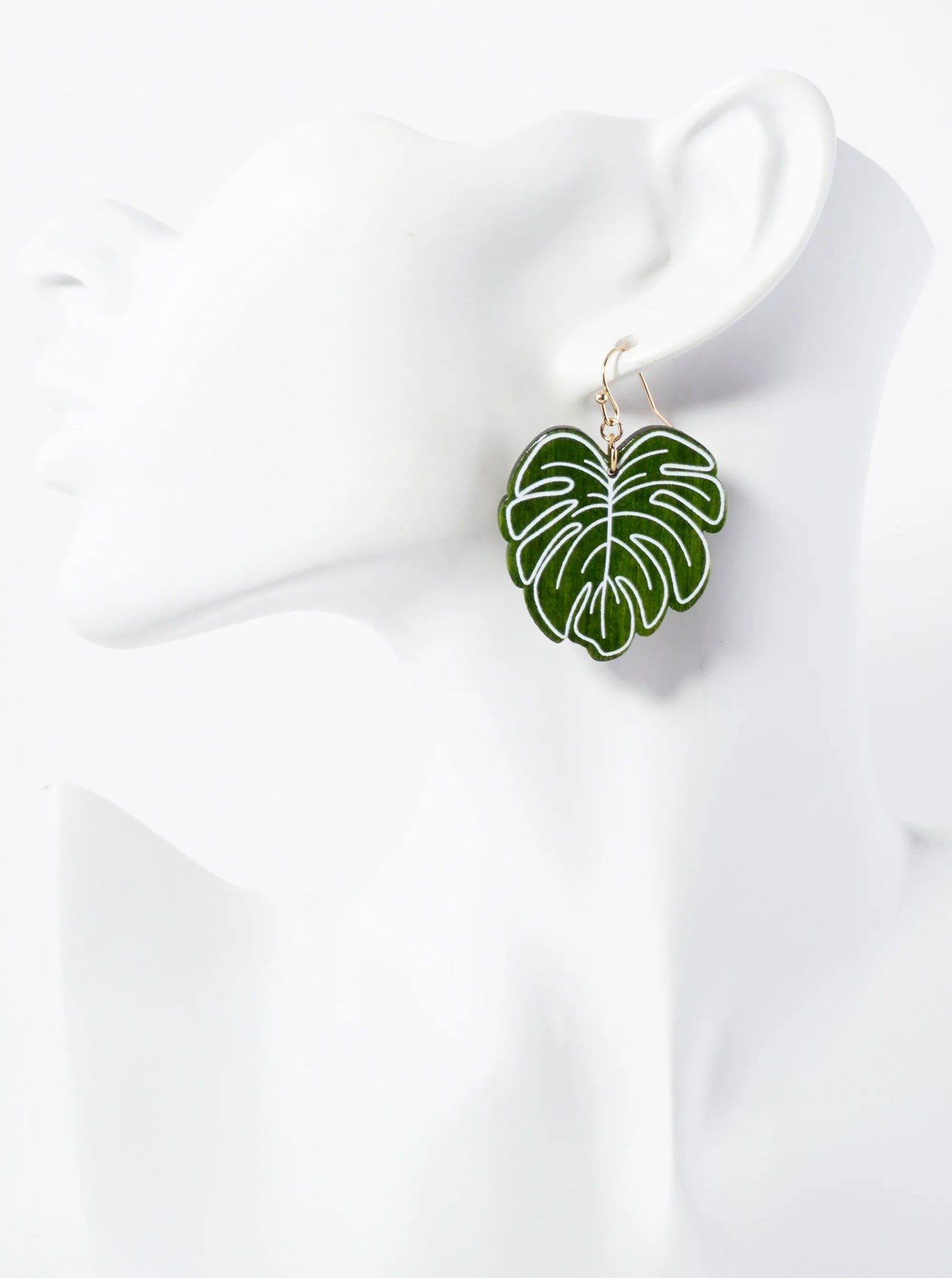 Tropical-Theme Laser-Cut Wood Monstera Leaf Dangle Drop Earrings