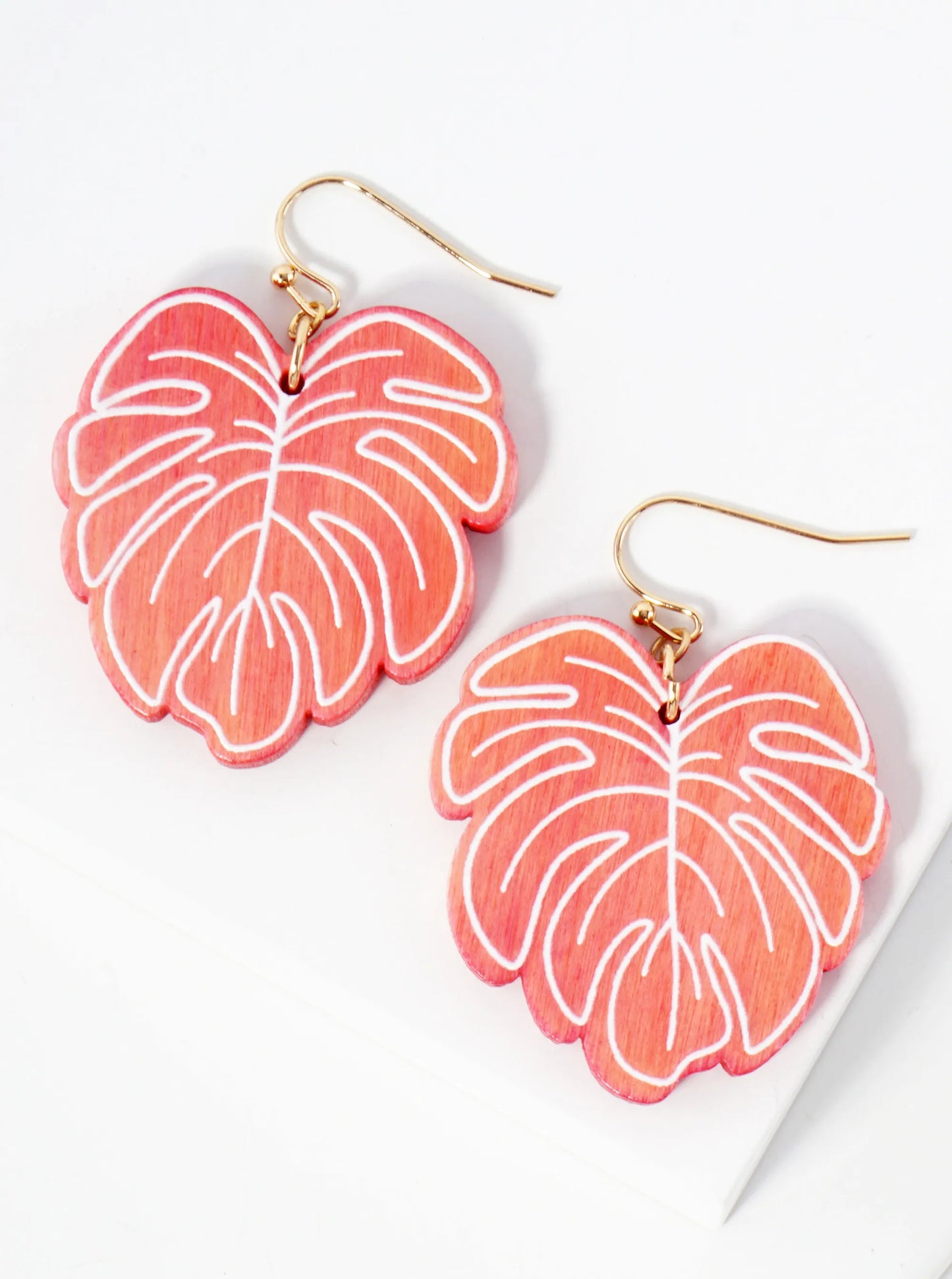 Tropical-Theme Laser-Cut Wood Monstera Leaf Dangle Drop Earrings