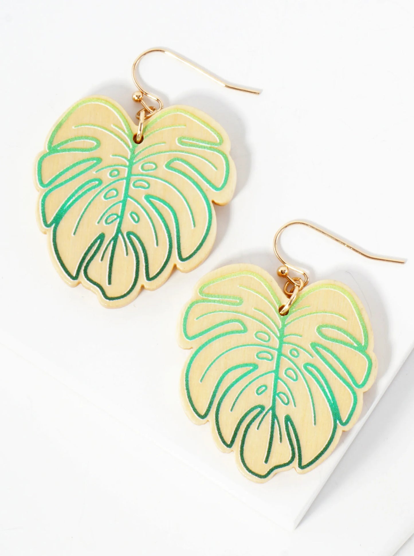 Tropical-Theme Laser-Cut Wood Monstera Leaf Dangle Drop Earrings