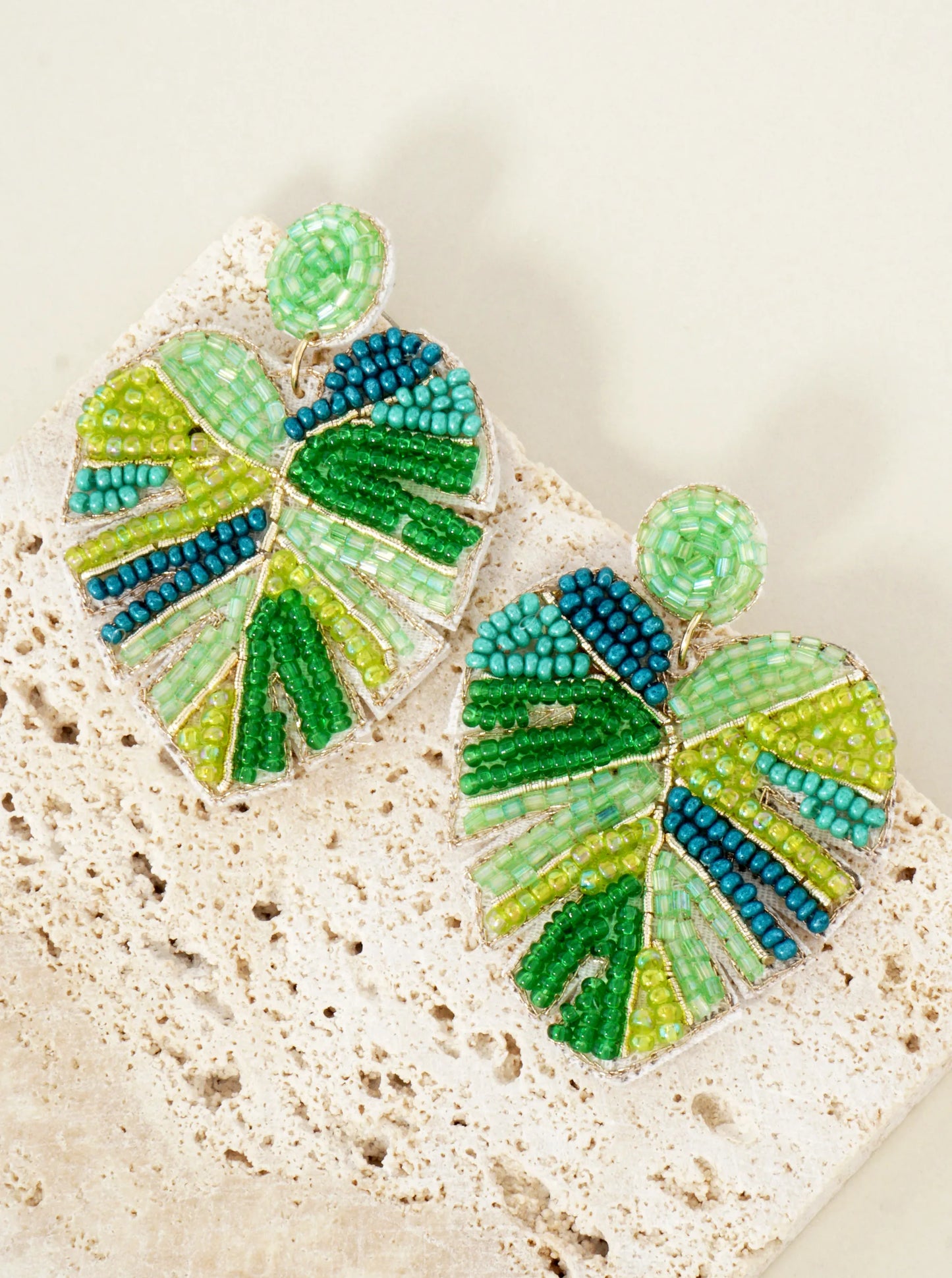 Tropical-Theme Seed-Beaded Monstera Statement Earrings