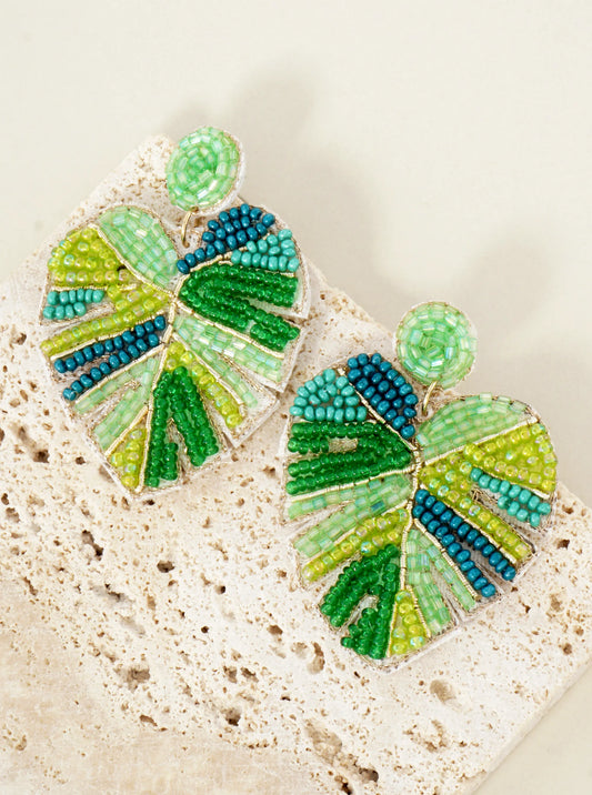 Tropical-Theme Seed-Beaded Monstera Statement Earrings
